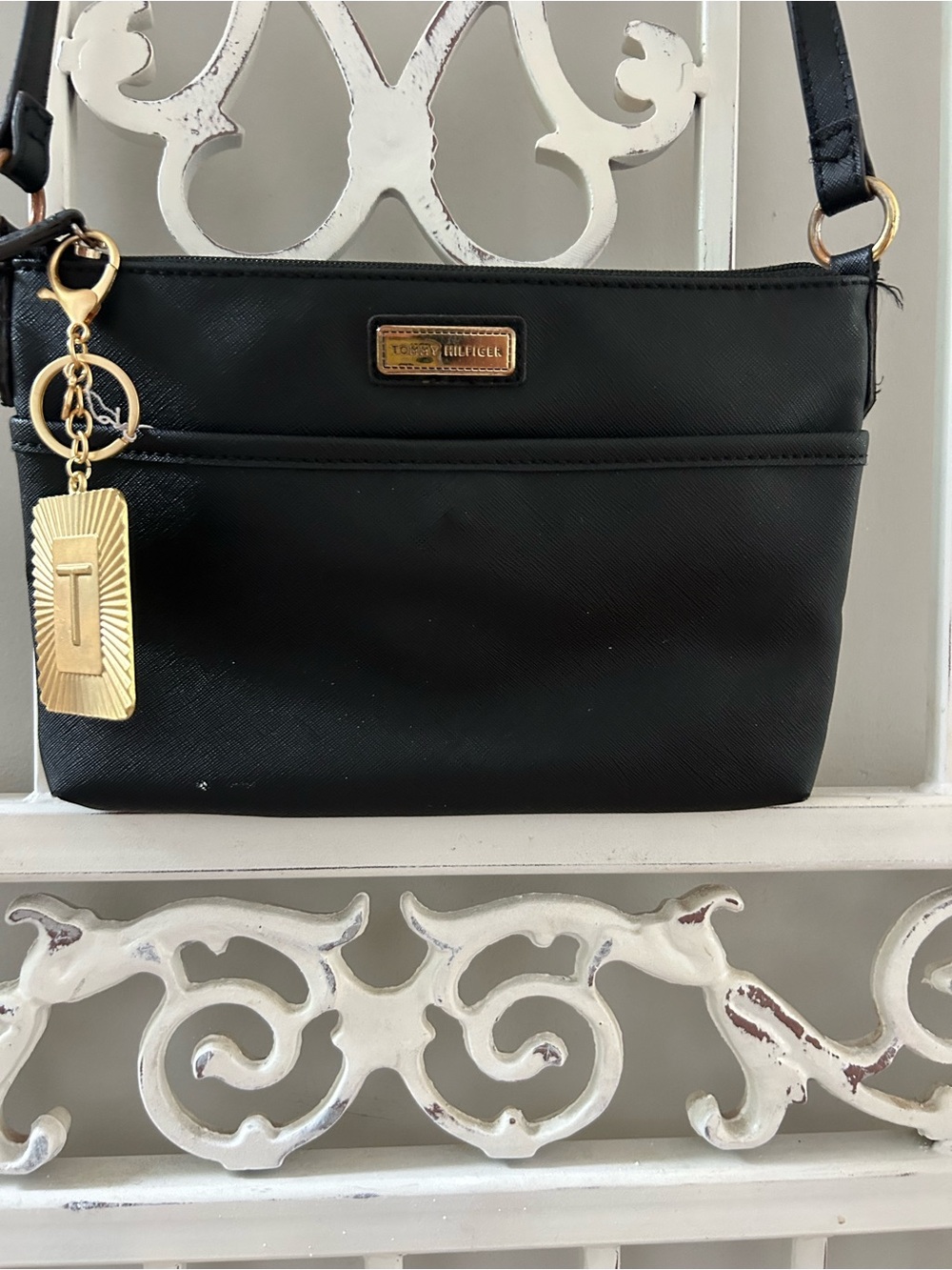 Tommy Hilfiger Black Crossbody Bag w/ Gold Initial Charm
